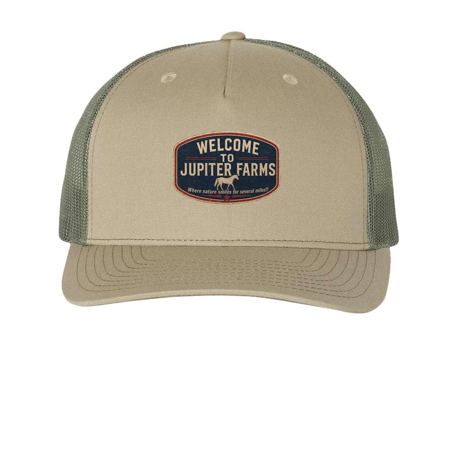 Welcome to Jupiter Farms 2.0, a Pale Khaki/ Loden Green Printed Five-Panel Trucker Cap