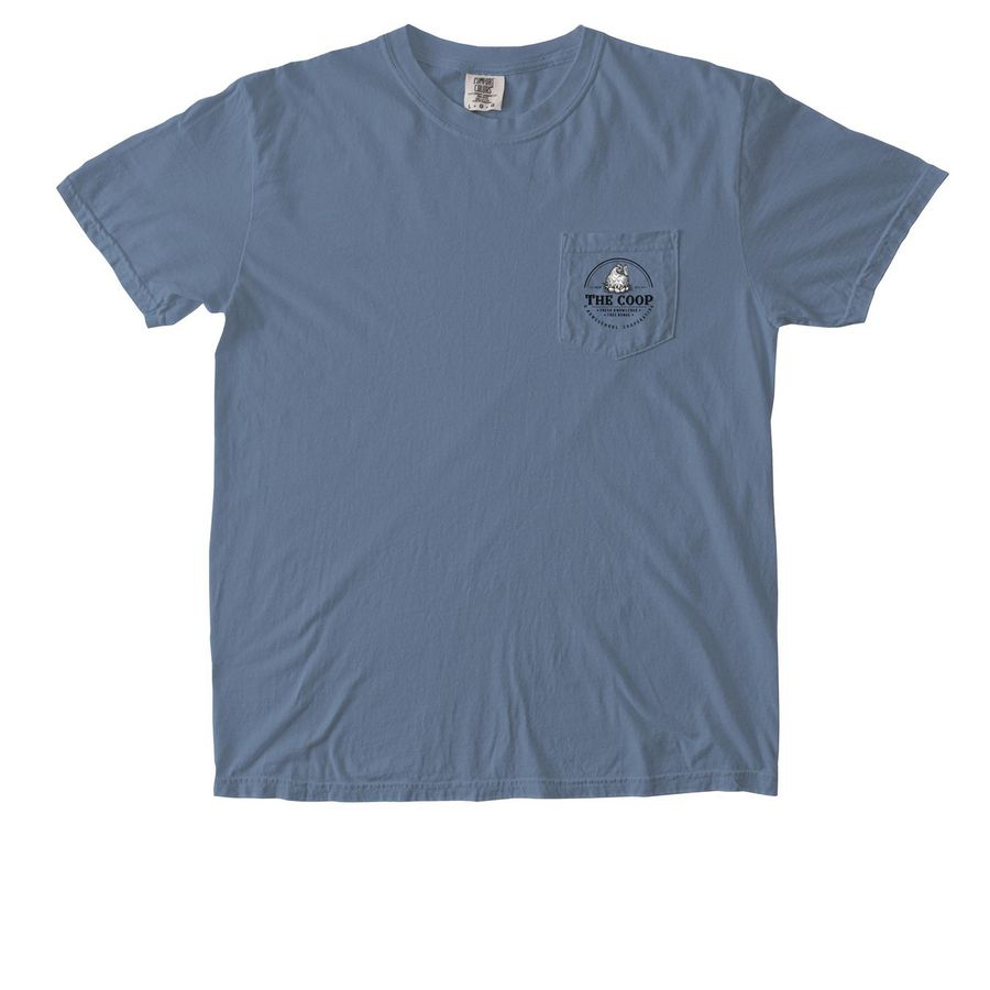 The Coop Homeschool Co-Op Adult T-Shirt, a Blue Jean Comfort Colors Pocket Tee