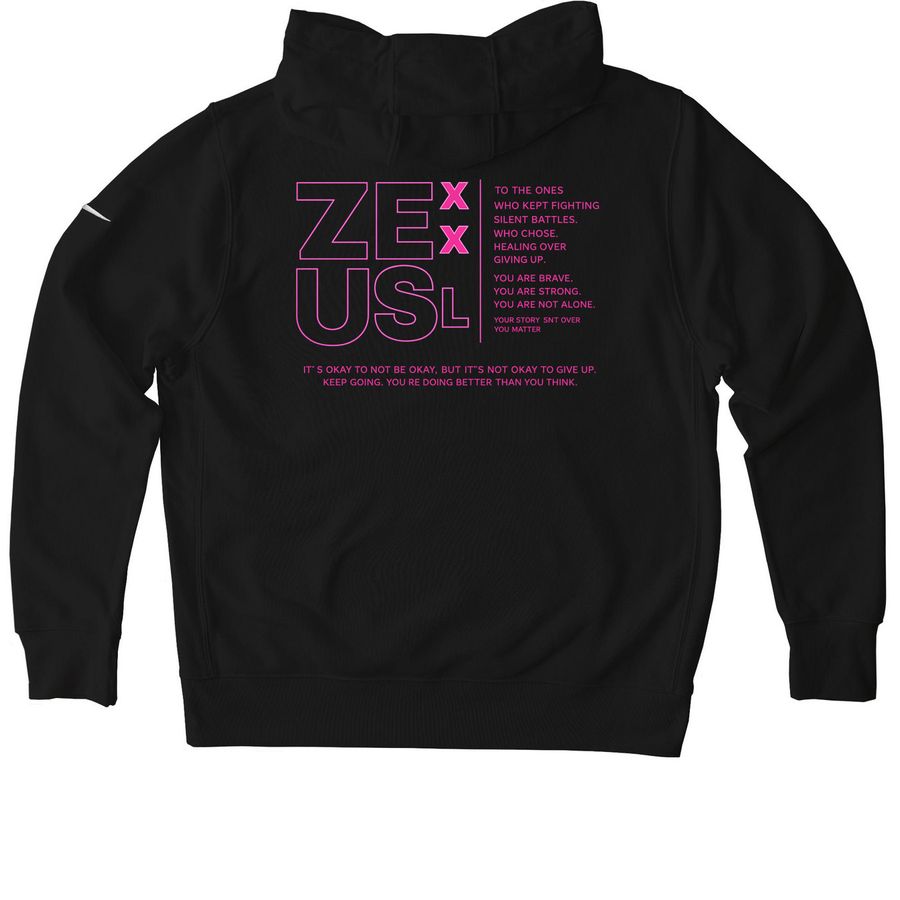 PINK MENTAL HEALTH merch, a Black Nike Club Fleece Pullover Hoodie (back-view)