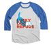 RocketPop LuckyPup, a Vintage Royal and Heather White 3/4 Sleeve Baseball Tee