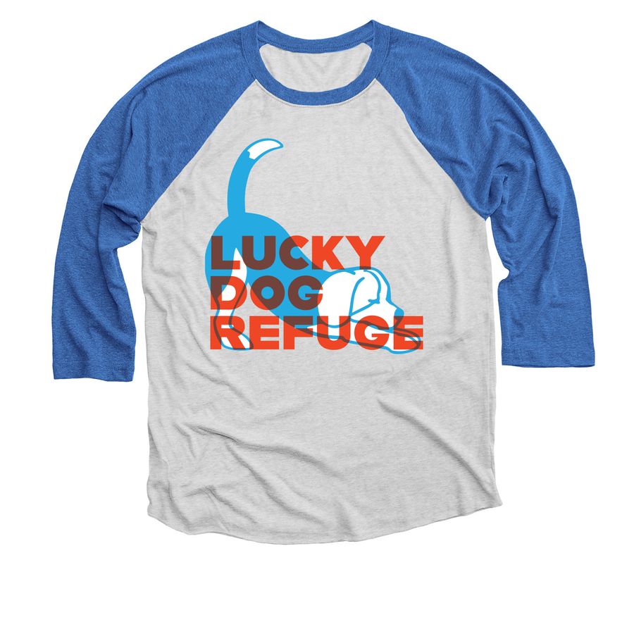 RocketPop LuckyPup, a Vintage Royal and Heather White 3/4 Sleeve Baseball Tee