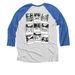 Adult tees (light colors), a Vintage Royal and Heather White 3/4 Sleeve Baseball Tee (back-view)