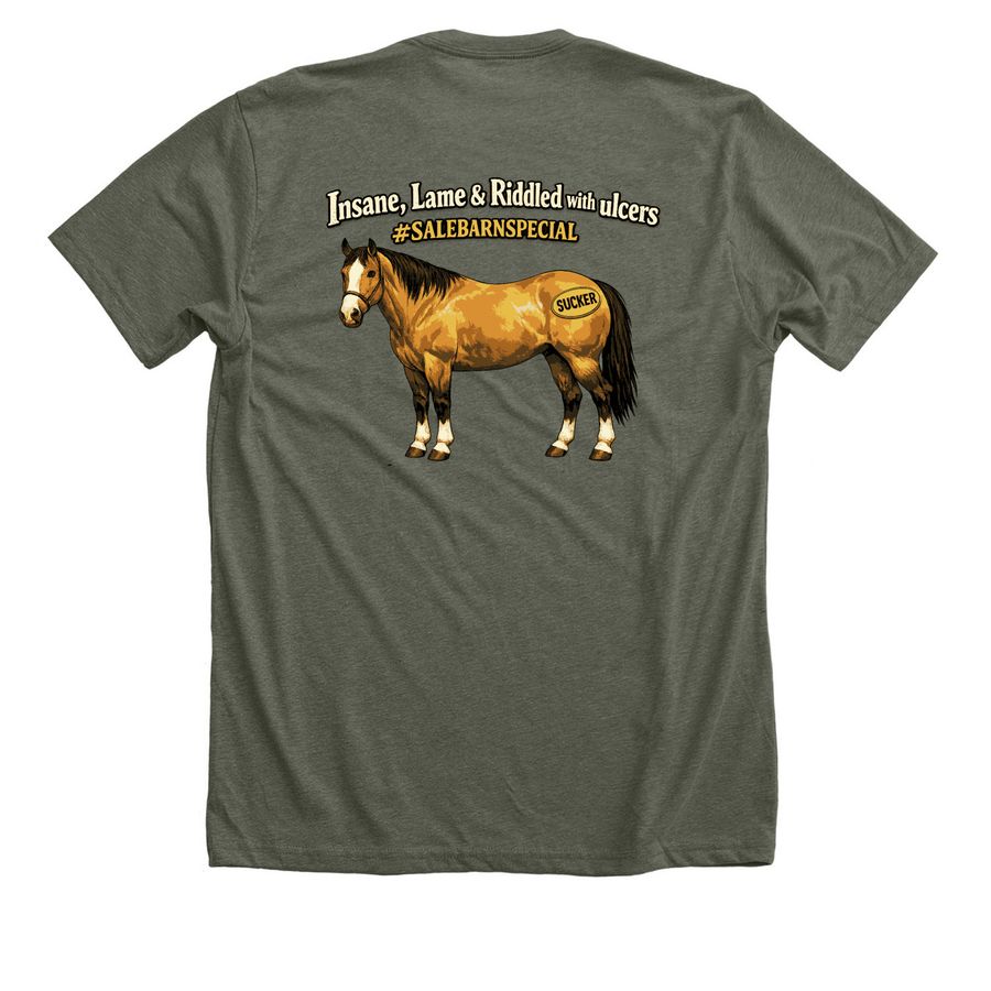 #SALEBARNSPECIAL, a Heather Military Green Premium Unisex Tee (back-view)
