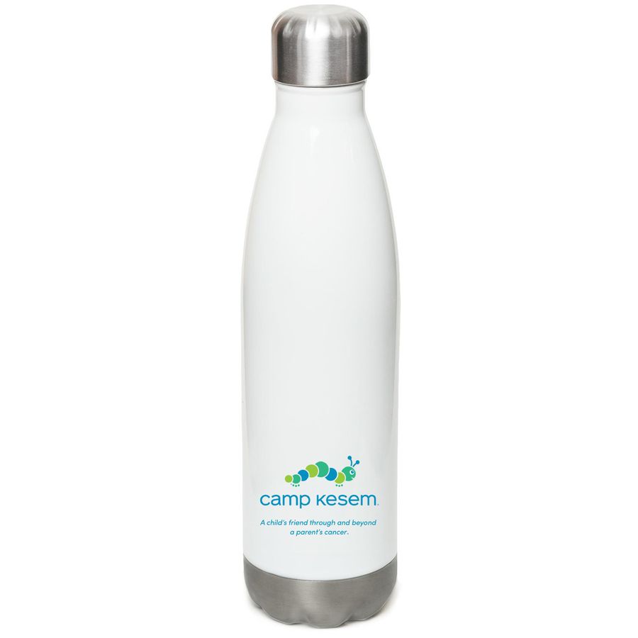 Team Kesem Water Bottle, a White Stainless Steel Water Bottle (back-view)