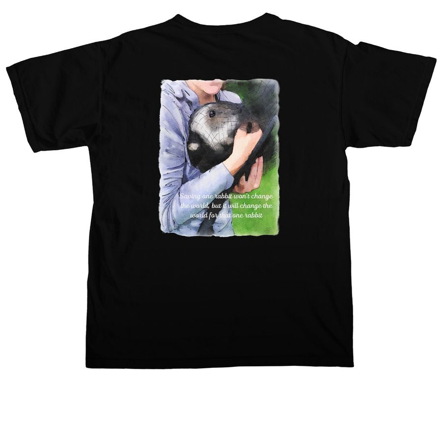 Saving One Rabbit, a Black Comfort Colors Unisex Tee (back-view)