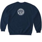 blue dot: "locals ride waves together"&nbsp;, a Navy Softstyle Crewneck Sweatshirt (back-view)
