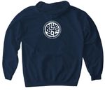 blue dot: "locals ride waves together"&nbsp;, a Navy Gildan Softstyle Pullover Hoodie (back-view)