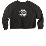 blue dot: "locals ride waves together"&nbsp;, a Black Women's Premium Cropped Raglan Sweatshirt (back-view)