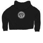 blue dot: "locals ride waves together"&nbsp;, a Black Women?s Lightweight Cropped Hoodie (back-view)