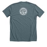 blue dot: "locals ride waves together"&nbsp;, a Heather Slate Premium Unisex Tee (back-view)