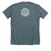 blue dot: "locals ride waves together"&nbsp;, a Heather Slate Premium Unisex Tee (back-view)