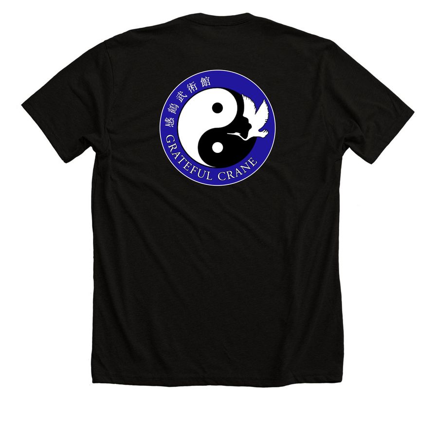 Grateful Crane Apparel, a Solid Black Blend Premium Unisex Tee (back-view)