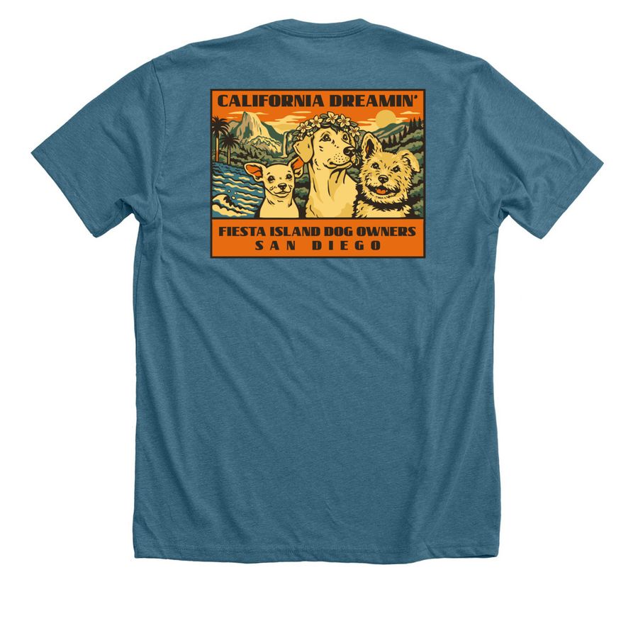 California design on back, a Heather Deep Teal Premium Unisex Tee (back-view)