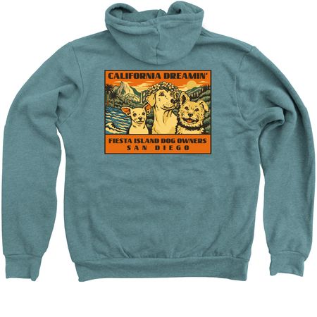 California design on back, a Heather Deep Teal Zip Up Hoodie