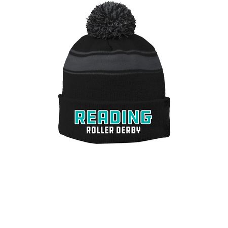 RDG Stripe Beanie With Pom, a Black/ Iron Grey Printed Stripe Pom-Pom Beanie