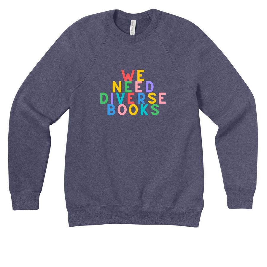 We Need Diverse Books, a Heather Navy Premium Raglan Crewneck Sweatshirt