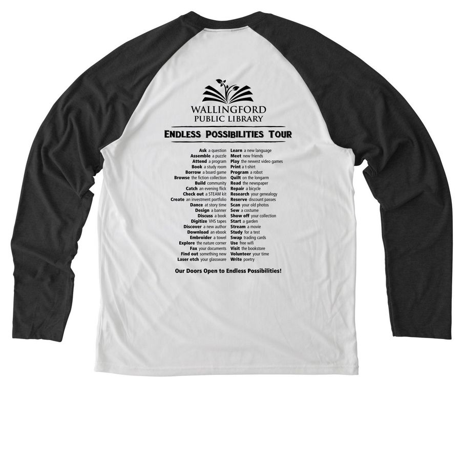 Library Groupie, a Space Black/ Bright White Allmade Eco Triblend Colorblock Raglan Long Sleeve Tee (back-view)