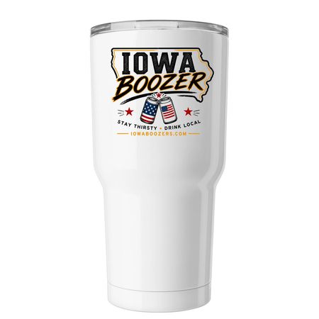 Iowa Boozer Patriotic Tumbler ? Stay Thirsty, a White Insulated Tumbler (back-view)