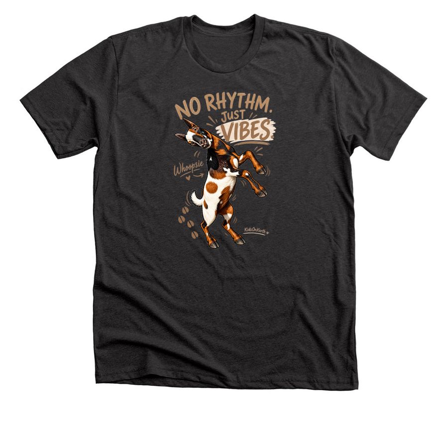 No Rhythm. Just Vibes. Whoopsie Tee, a Dark Grey Heather Premium Unisex Tee