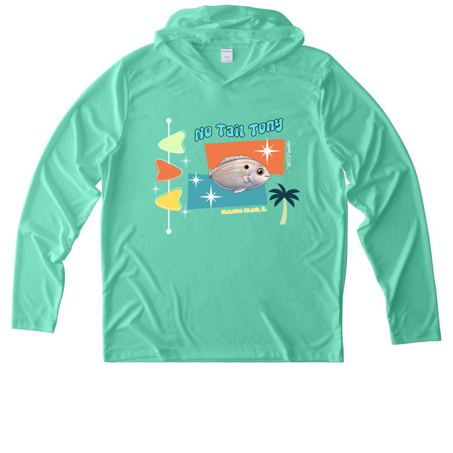 "No Tail Tony" UPF Sun Shirts, a Bright Seafoam UV Performance Long Sleeve Hoodie