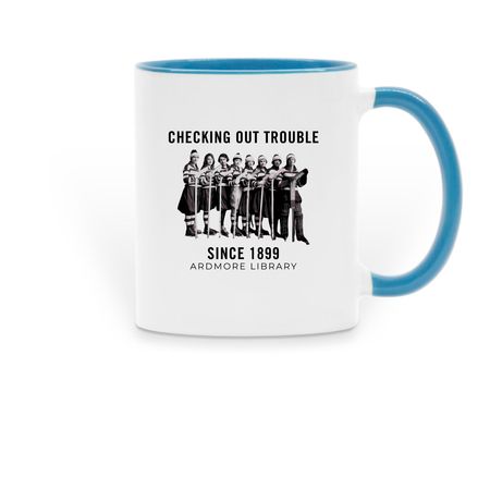 Checking Out Trouble Mug, a Light Blue Two-Tone Ceramic Mug