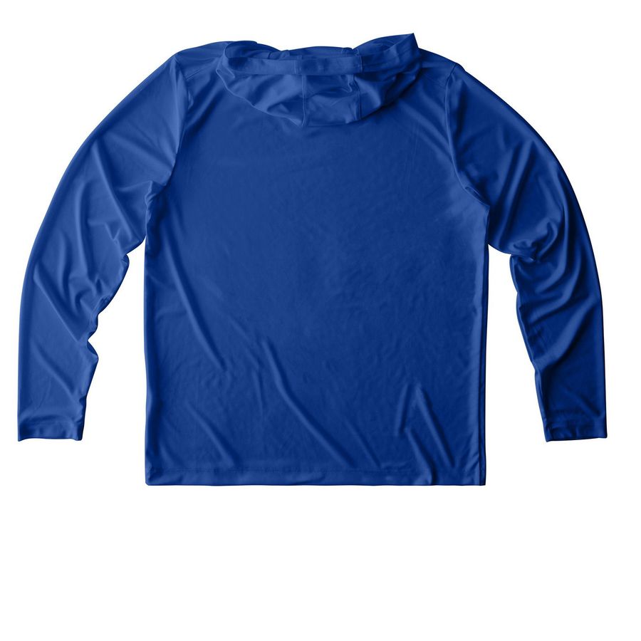 Montanans for Libraries Activewear, a True Royal UV Performance Long Sleeve Hoodie (back-view)