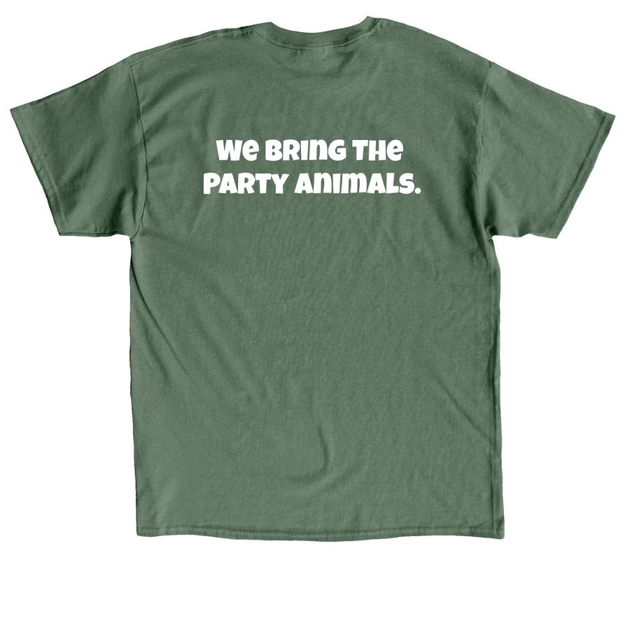 The Buzz?d Burro- We Bring The Party Animals, a Military Green Classic Unisex Tee (back-view)