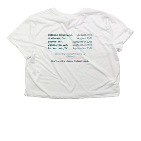 Anniversary Collection | Tour, a White Women?s Flowy Cropped Tee (back-view)