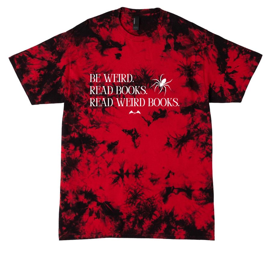 read weird books (white text), a Black/ Red Crystal Tie Dye Tee
