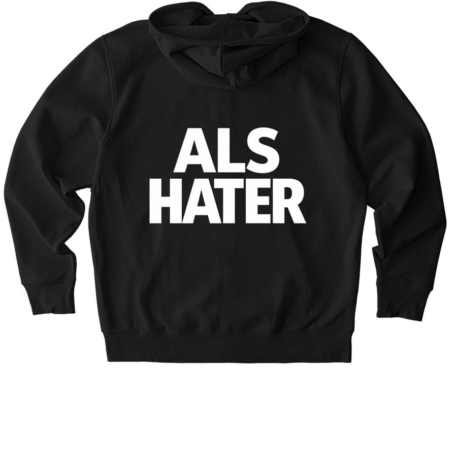 "ALS HATER" Zip-Up Hoodie, a Black Stanley/Stella Unisex Cultivator 2.0 Zip Up Pullover Hoodie (back-view)