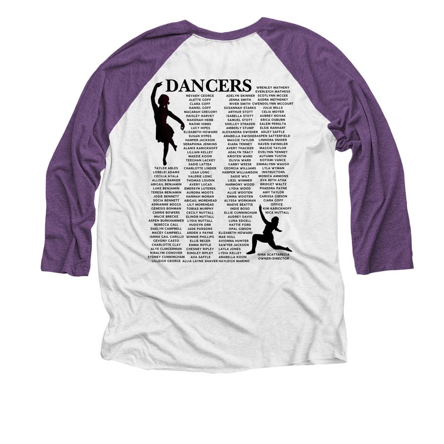 The Dance Factory Showcase 2026, a Purple Rush and Heather White 3/4 Sleeve Baseball Tee (back-view)