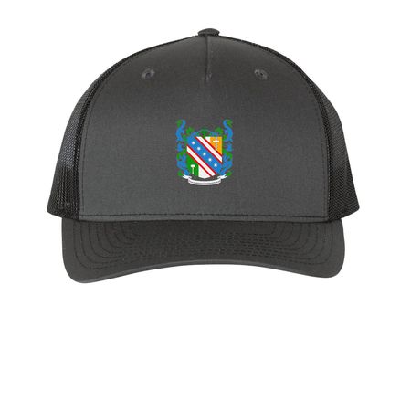 Logo Hats, a Charcoal/ Black Printed Five-Panel Trucker Cap