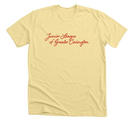 JLGC Script (Red), a Heather French Vanilla Premium Unisex Tee