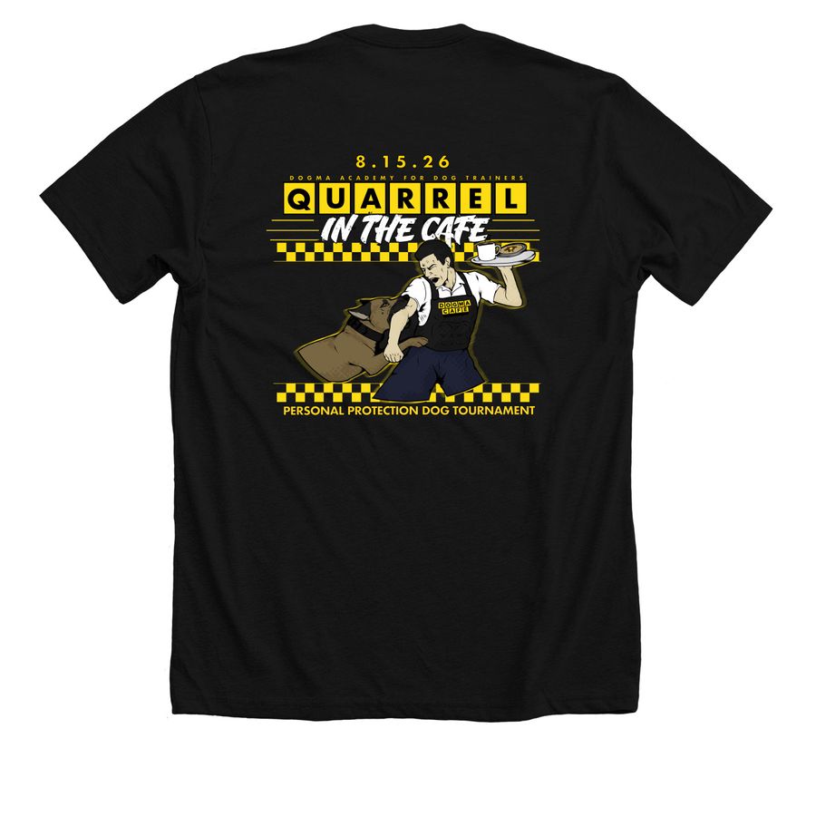 Quarrel in the Caf?, a Solid Black Blend Premium Unisex Tee (back-view)