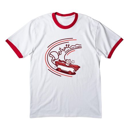 Detroit Allstar Roller Doggies, a White/ Red Cotton Ringer Tee