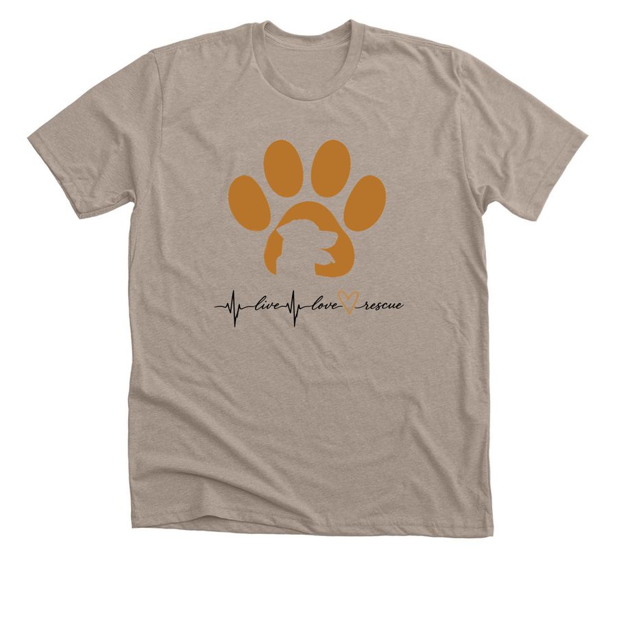 Live Love Rescue - Paw Print - Shirts, a Heather Stone Premium Unisex Tee