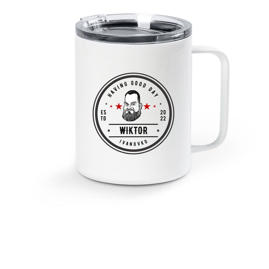 Wiktor Stamp Mug, a White Stainless Steel Travel Mug