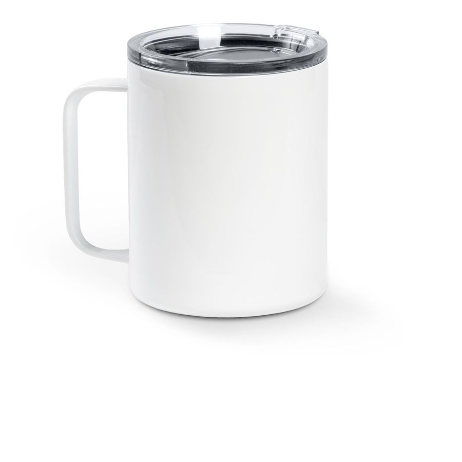 Travel mug, a White Stainless Steel Travel Mug (back-view)