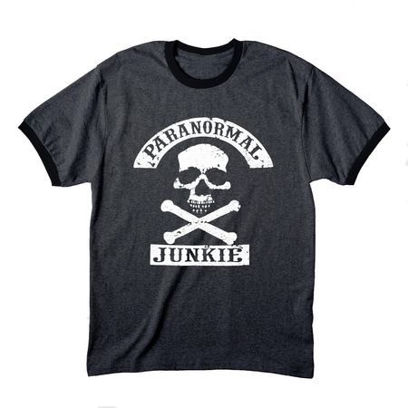 Paranormal Junkie, a Dark Heather Grey/ Jet Black Cotton Ringer Tee