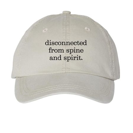 Disconnected from spine and spirit hat, a Stone Printed Pigment Dye Baseball Cap