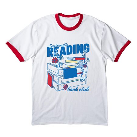 Sustainable Reading Book Club (front design), a White/ Red Cotton Ringer Tee
