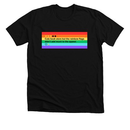 "Too many rainbow flags" (dark rainbow), a Solid Black Blend Premium Unisex Tee