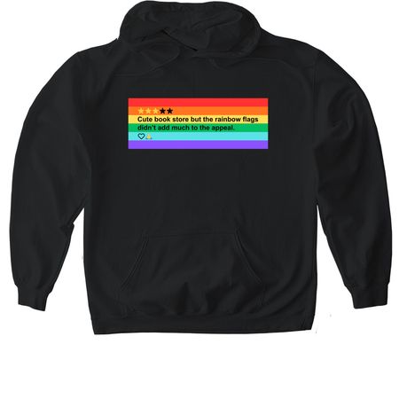 "Too many rainbow flags" (dark rainbow), a Black Gildan Softstyle Pullover Hoodie