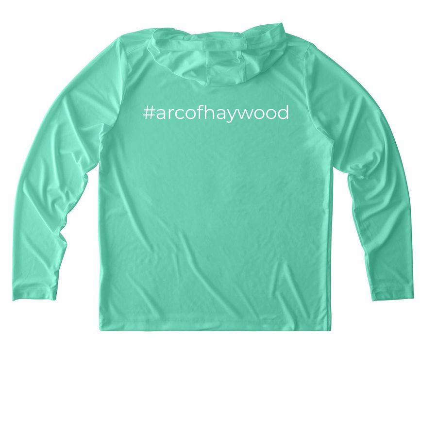Everyone Means Everyone, a Bright Seafoam UV Performance Long Sleeve Hoodie (back-view)
