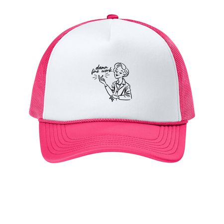 Damn Fine Hat., a White/ Neon Pink Printed Foam Trucker Hat