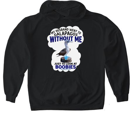 My husband went to Galapagos without me, a Black Gildan Softstyle Pullover Hoodie