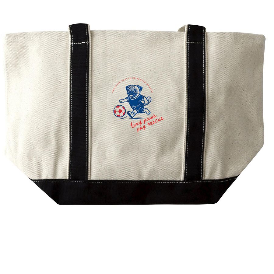 Soccer Pug Tote, a Natural/Black Large Two-Tone Canvas Tote Bag