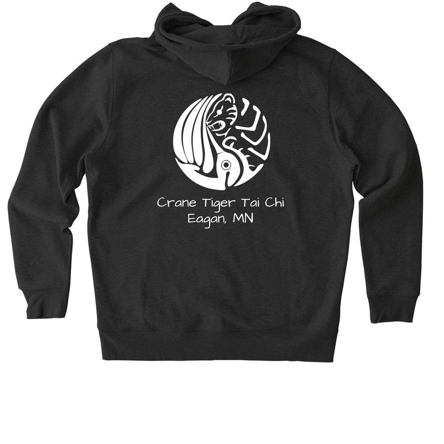 Crane Tiger Hoodie White Logo, a Dark Heather Grey Stanley/Stella Unisex Cultivator 2.0 Zip Up Pullover Hoodie (back-view)
