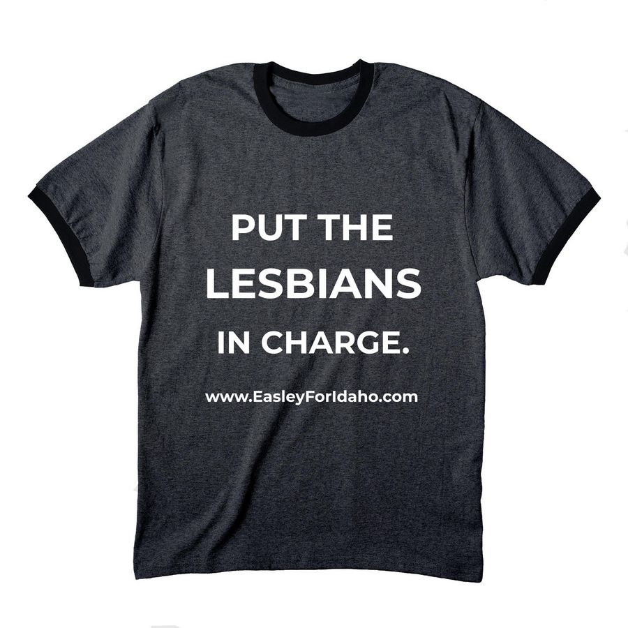 Put the Lesbians In Charge, a Dark Heather Grey/ Jet Black Cotton Ringer Tee