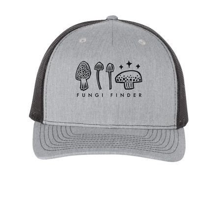 Fungi Finder Hats for MN Native Plants, a Heather Grey/ Black Printed Five-Panel Trucker Cap
